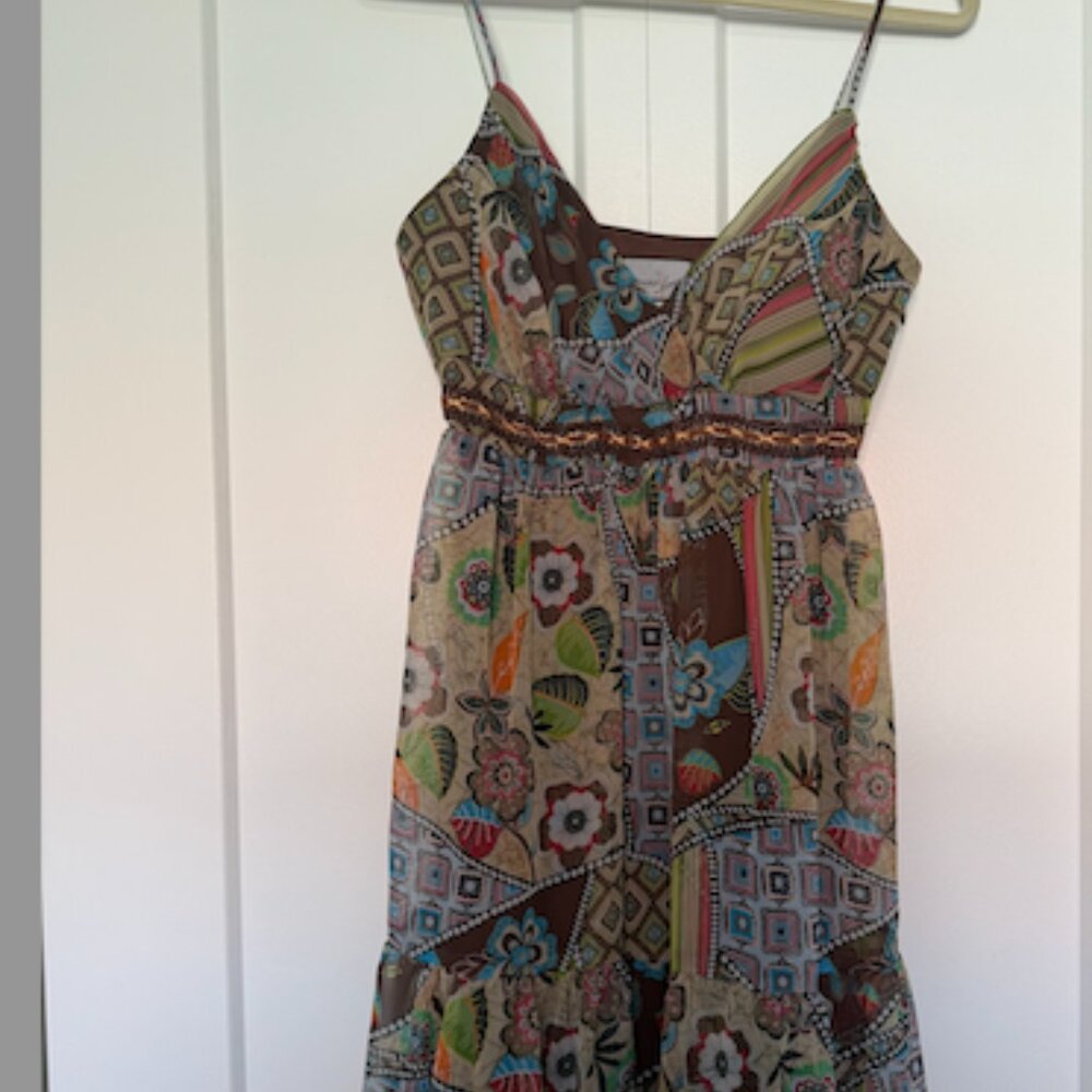 Vintage Breakin Loose Dress Womens Sz 9/10 Aqua Brown Stripe Asymmetric Hem Y2K